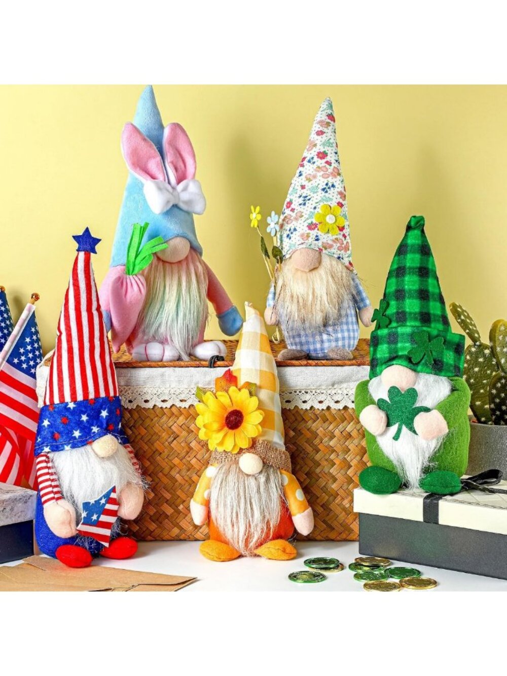 5 Pack Holiday Gnome Plush Decorations | St. Patrick's Day & Summer Decor